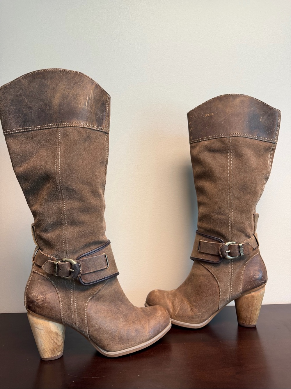Timberland Brown Leather Mid-Calf Strap Heeled Boots